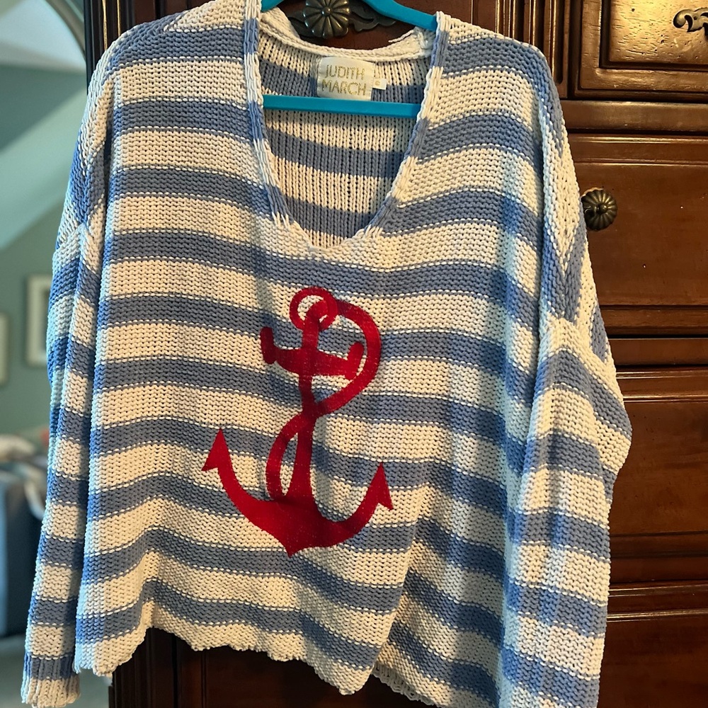 Judith March Blue and White Striped Sweater with Red Anchor oversized S